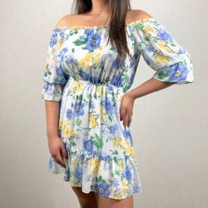 Forever 21 White Summer Dress Blue Flowers Cinched Waist Ruffle Bottom Lined LG